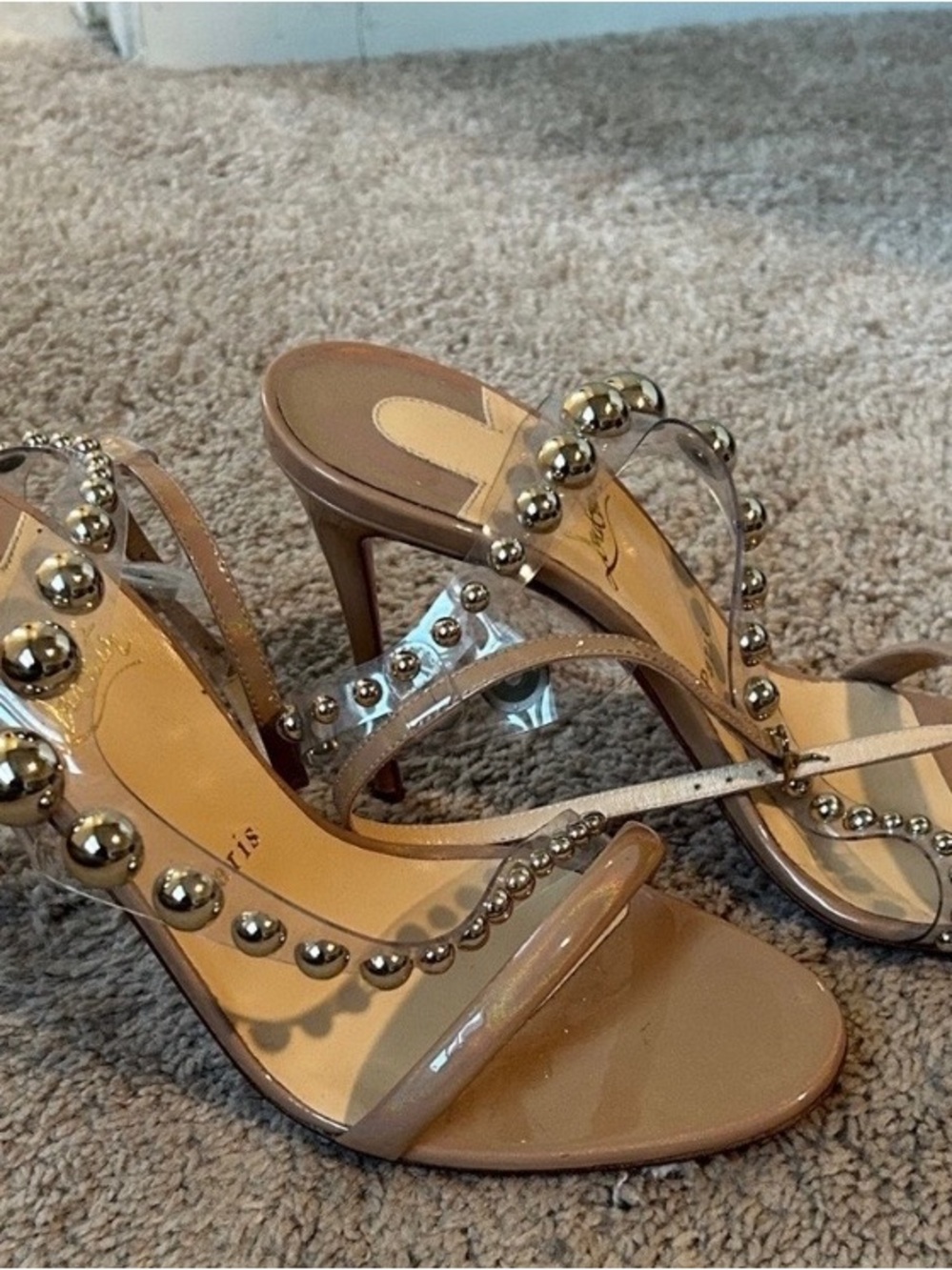Christian Louboutin Nude Patent Open-Toe Heels with Silver Stud Embellishments - Picture 3 of 6